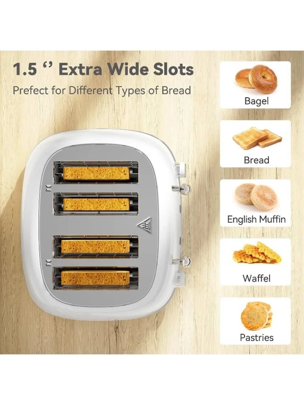 4 Slice White Retro Stainless with 6 Bread Shade Settings 1.5''Wide Slot Toaster